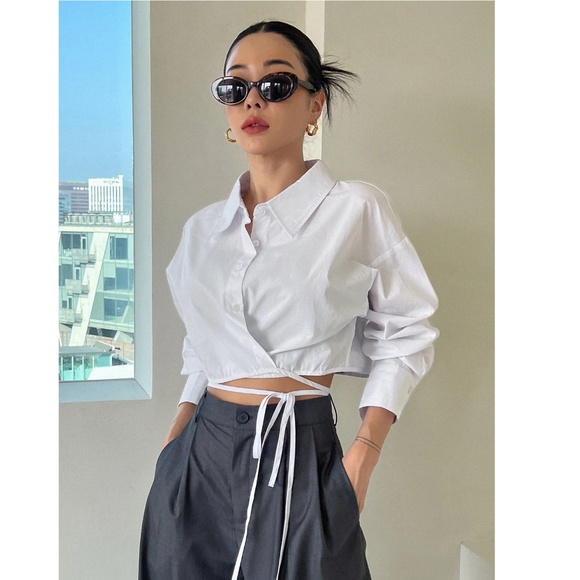 Cotton White Crop Button Up Down Was it Ties Long Sleeve Collared Shirt - Picture 4 of 10